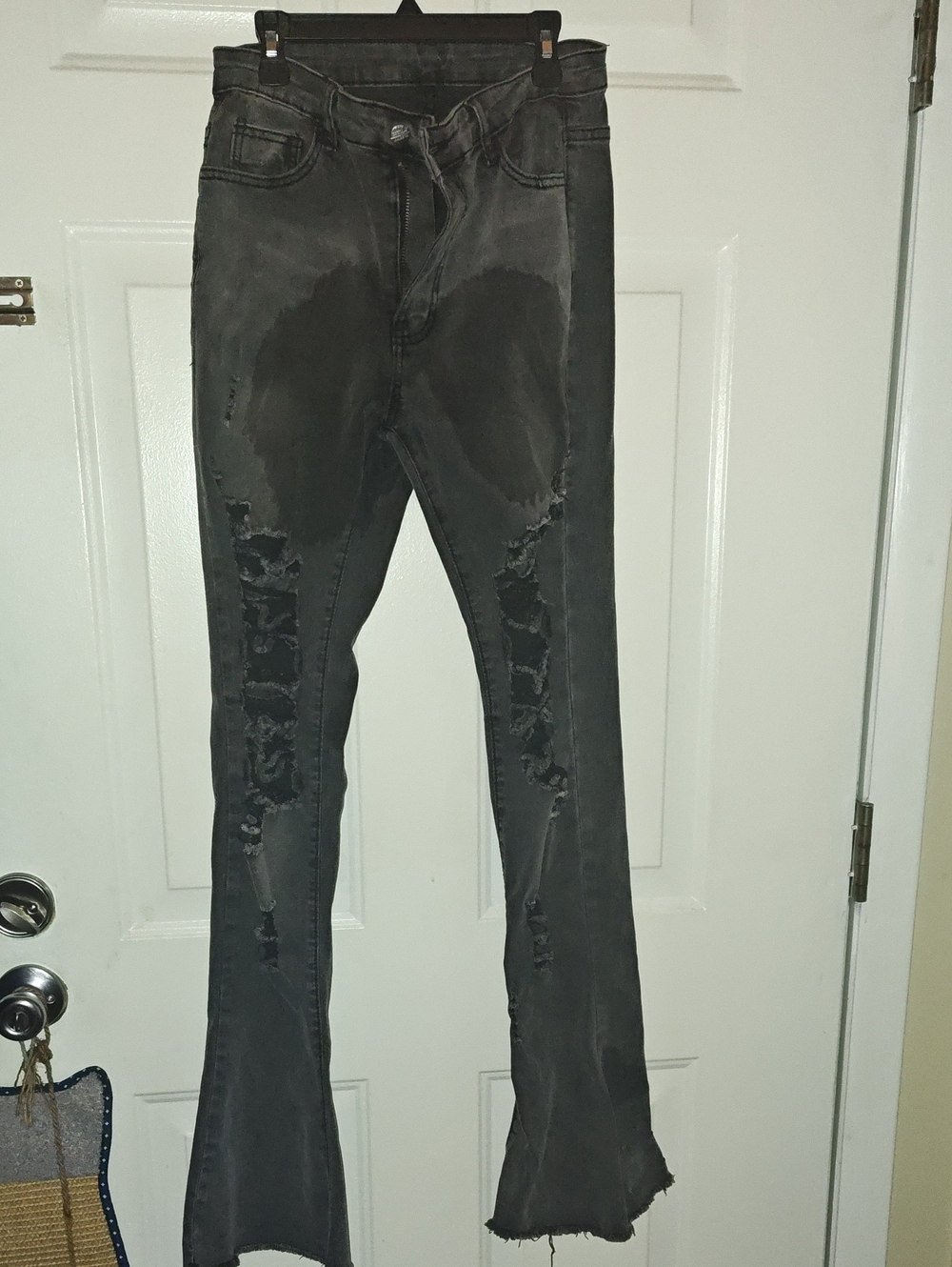 SHEIN Black Distressed Flared Jeans with Raw Hem